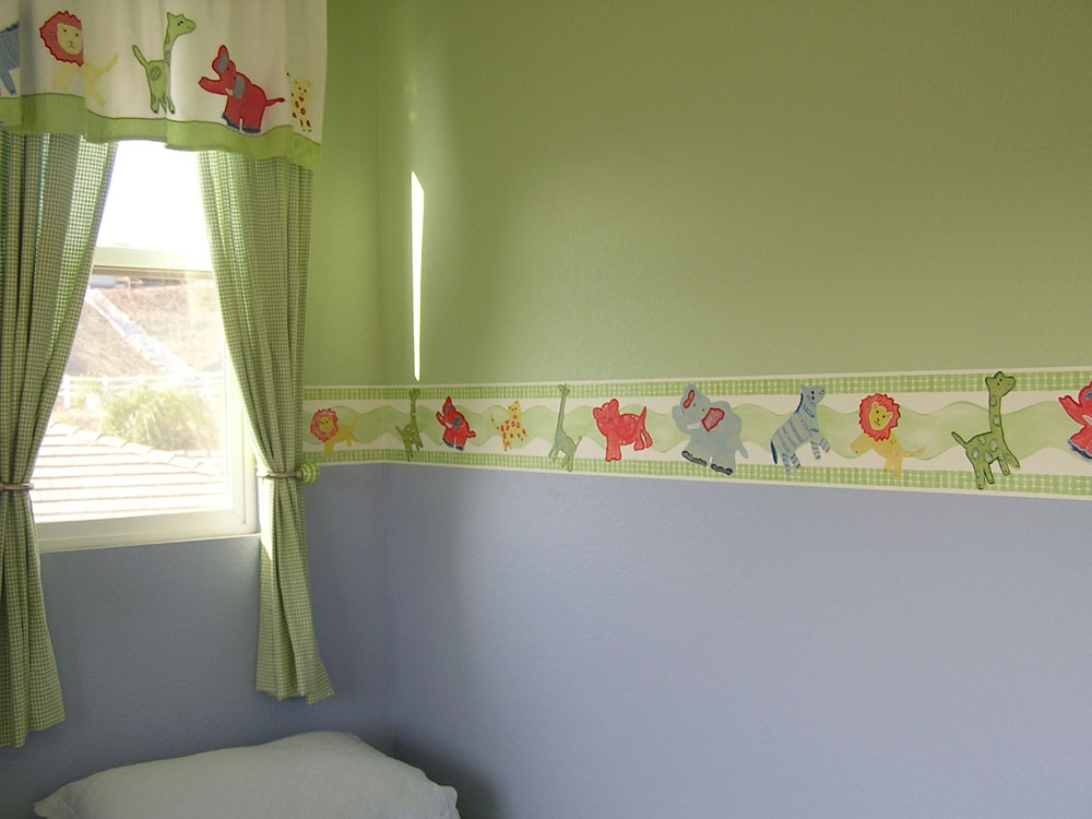 After: Hand Painted Nursery Mural borders with animals to match Pottery barn decor - Painted on top 