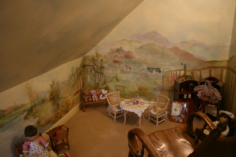 American Doll Furniture Room with Faux Painting of a country scene with roses, chickens, horses, lak