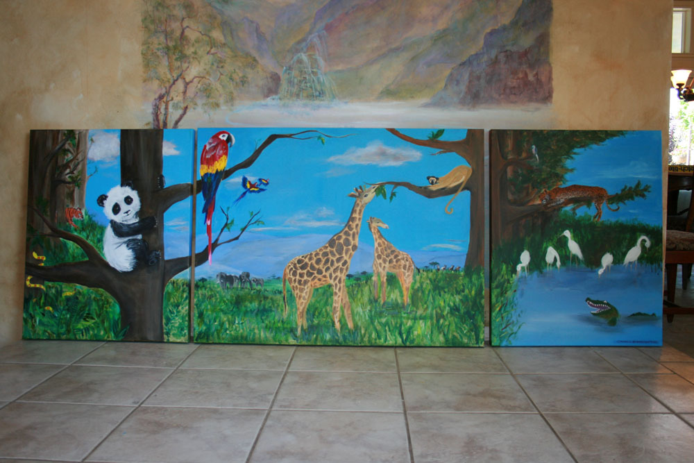 Hand Painted Beautiful Tropical Scene with Tripic Painting with multiple Macaws, giraffe, elephants,