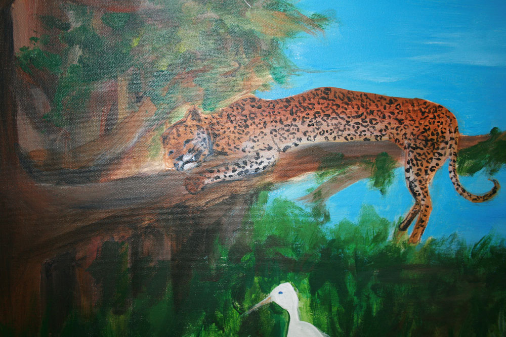 Hand Painted Beautiful Tropical Scene with Tripic Painting with multiple animals including a cheetah