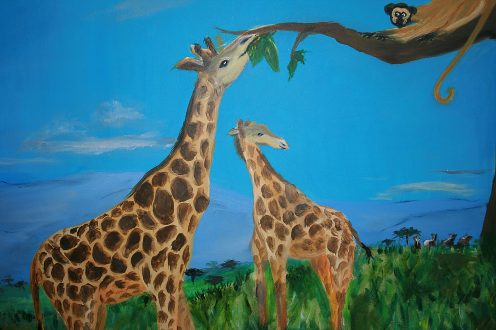 Hand Painted Beautiful Tropical Scene with Tripic Painting with multiple Macaws, giraffe & monkey