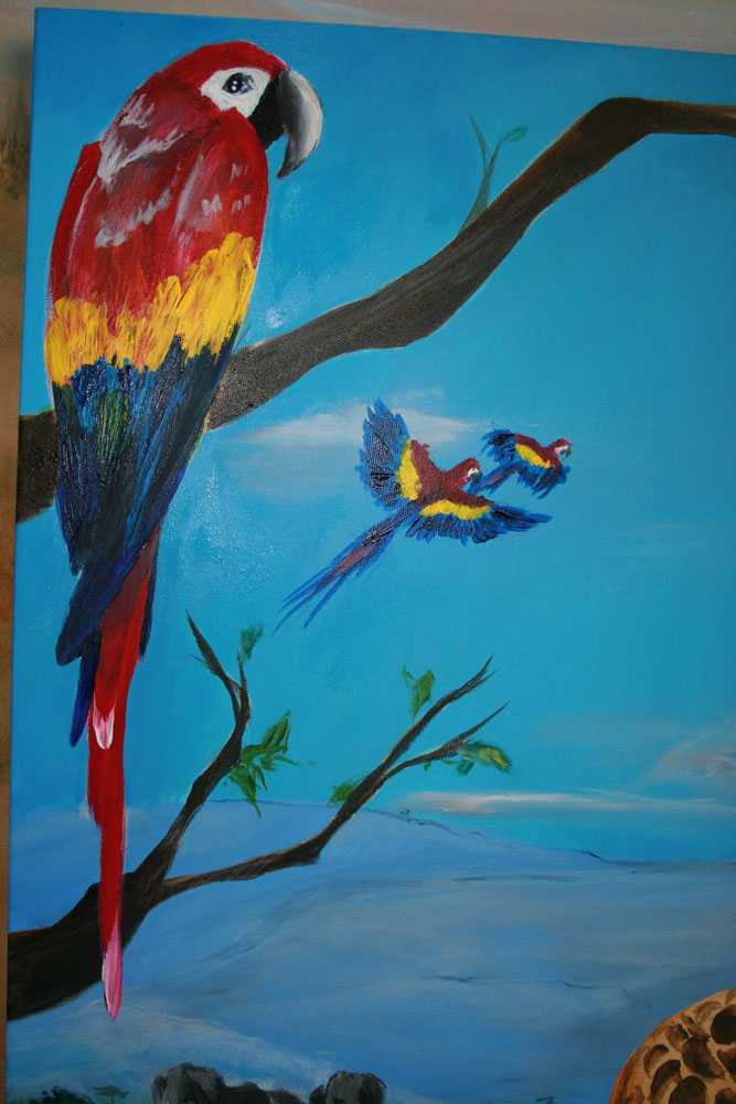 Hand Painted Beautiful Tropical Scene with Tripic Painting with multiple Macaws