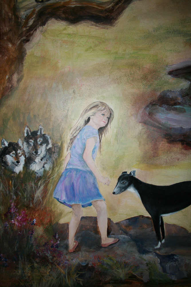 Hand Painted portrait from photo of a child on a children's wall with her dog & cat