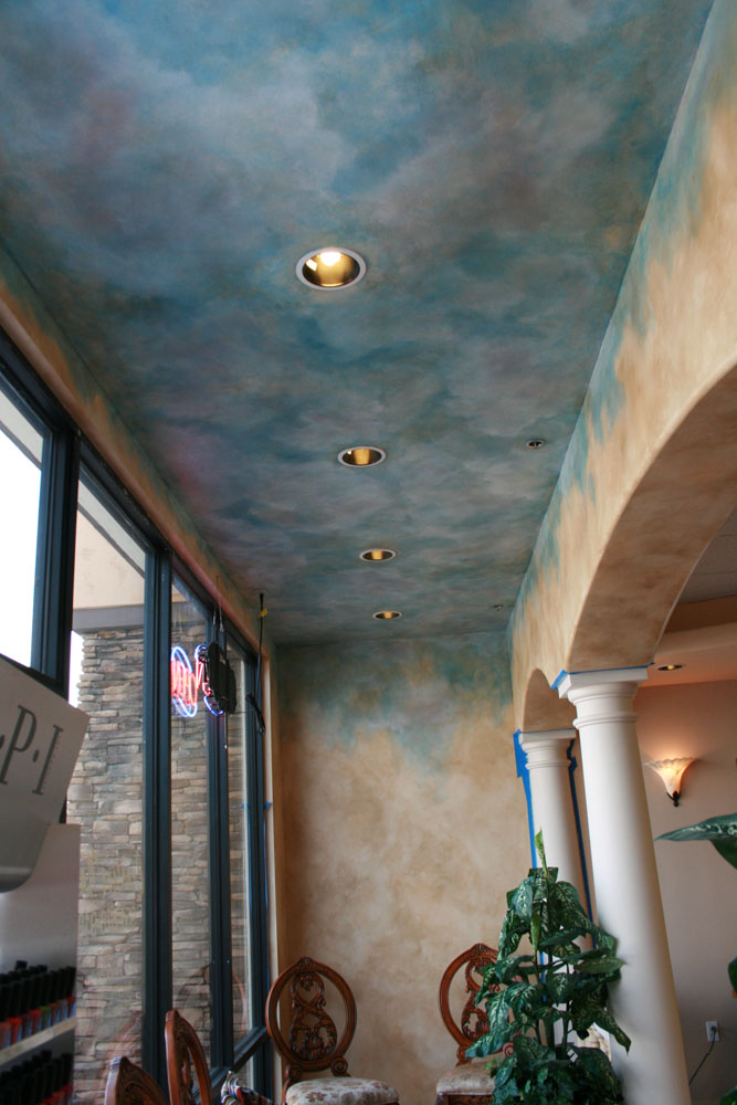 Process: Faux Finish Celiing of Creative Nail Salon - Sky Celiing with textured glazed walls, Raggin