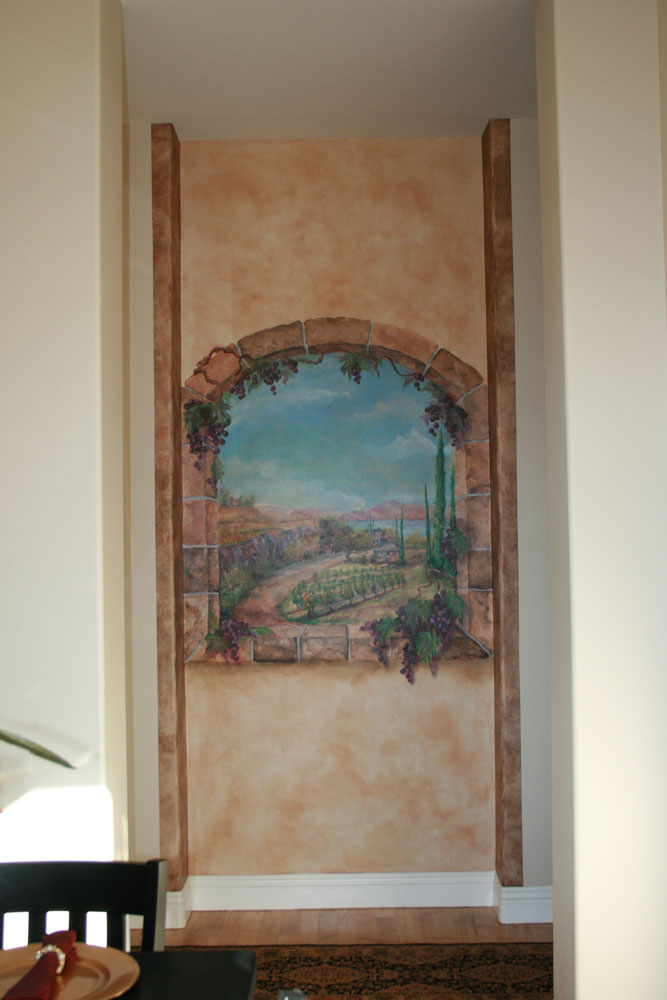 Landscape Murals Faux stone textured 3 dimensional painted stone border draped with hand painted gra