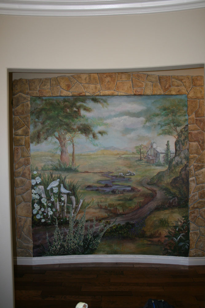 Landscape Murals Faux stone textured Finish with Sheep, country church picket fence and doves 