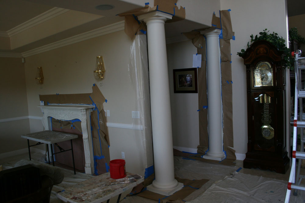 Before: Whiet painted Colums to be Faux Marble Columns