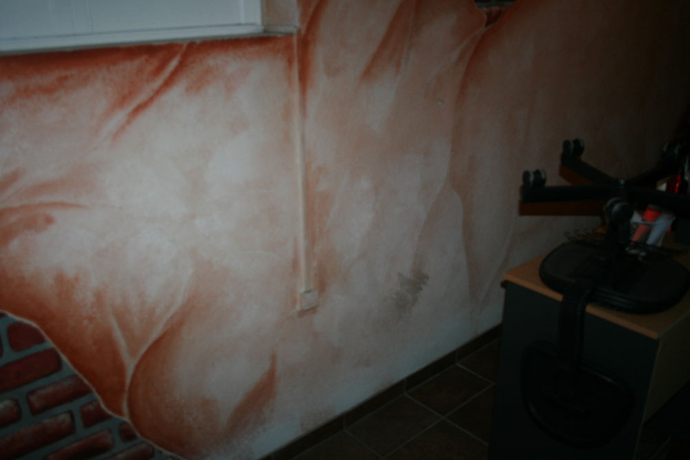 Before: Water Damage ruined a Pre-existing Mural from an unknown artist - patched, repaired textured