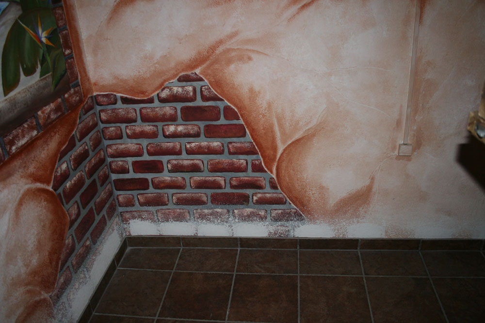 Before: Water Damage ruined a Pre-existing Mural from an unknown artist - patched, repaired textured