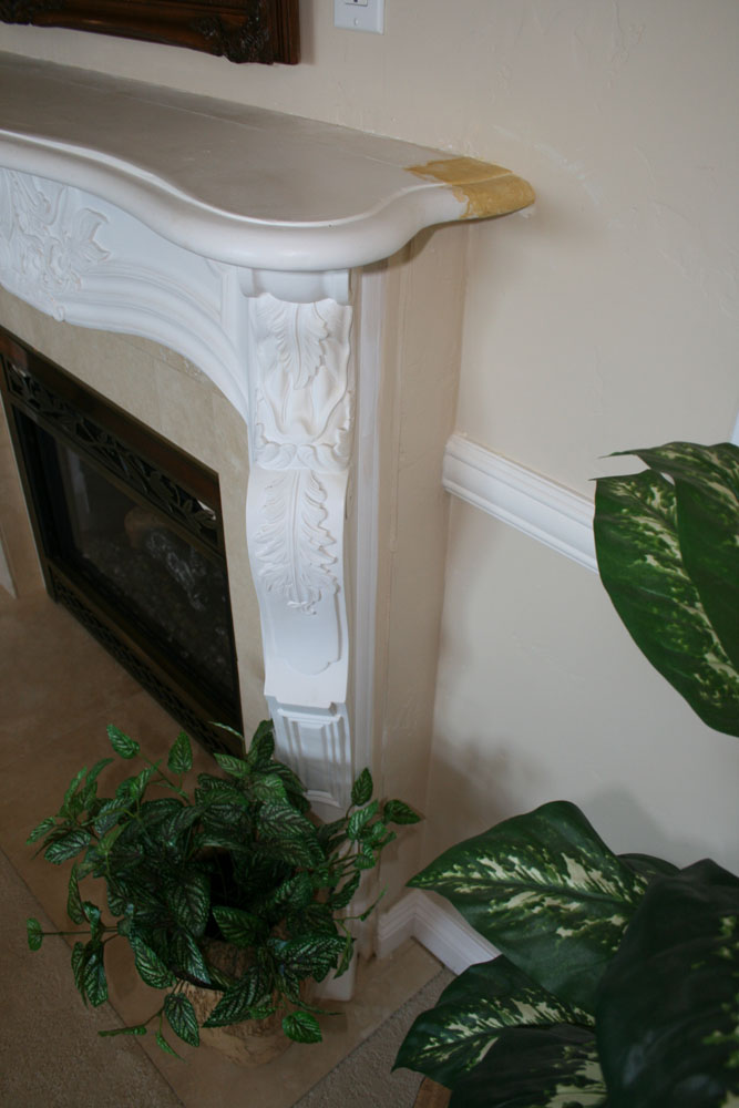 Before: Damaged corners with cracks - Fixed, textured and painted to be Faux Marble