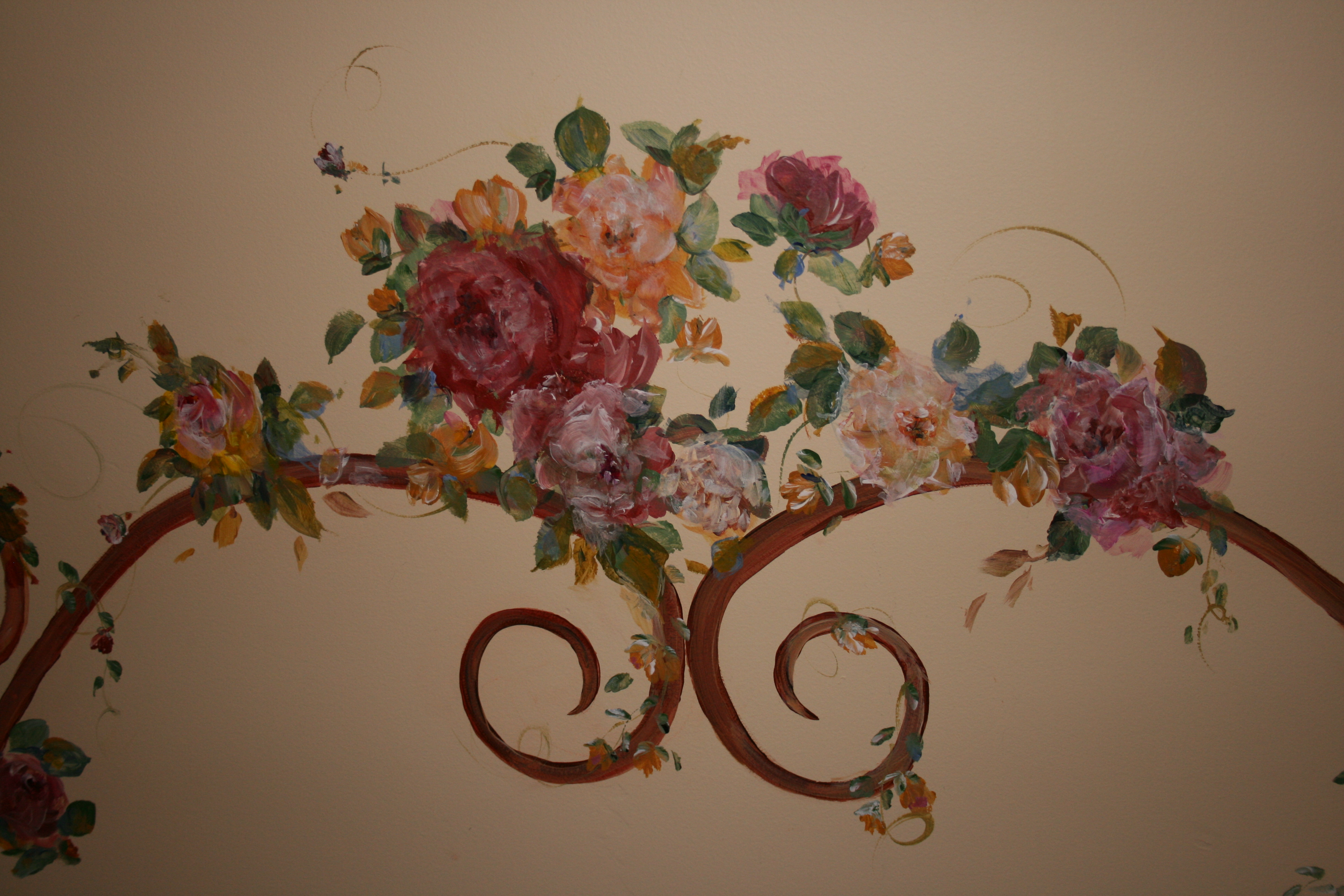 Hand painted rose laced on a scroll - Faux finish texture and colored wall - Vines & Scrolls - By Li