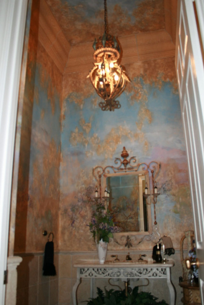 Fresco landscape mural with sky ceiling and wall textures