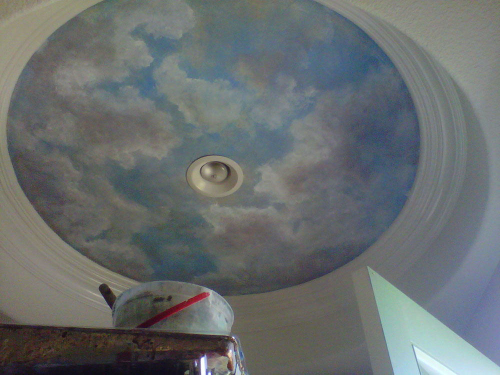 Tall Blue Sky Clouds Painted Textured Ceiling Faux Finish with texture from the wall